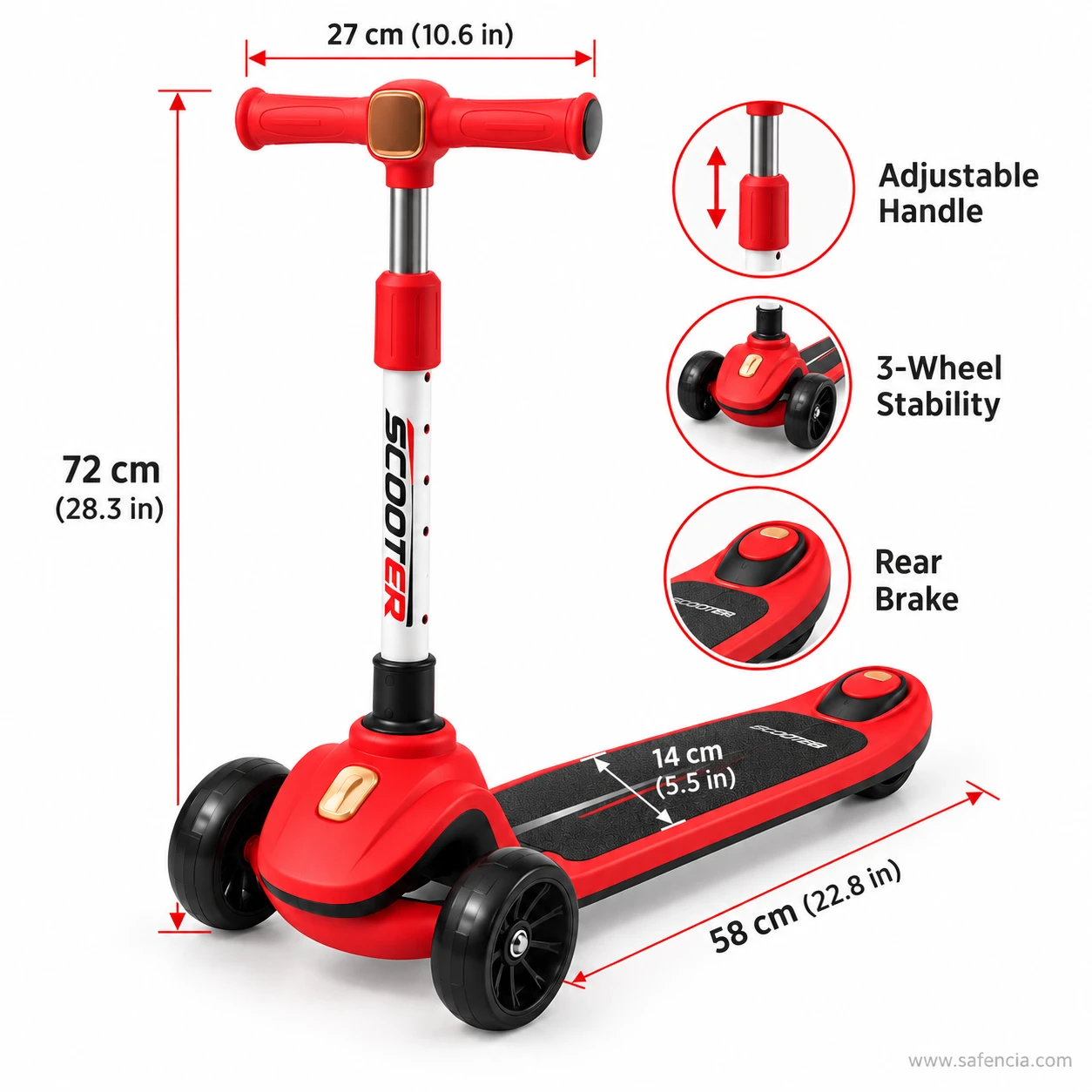 Size chart and features of the kids scooty with rear brake: 72 cm, 27 cm bar, 14 cm deck, 58 cm long