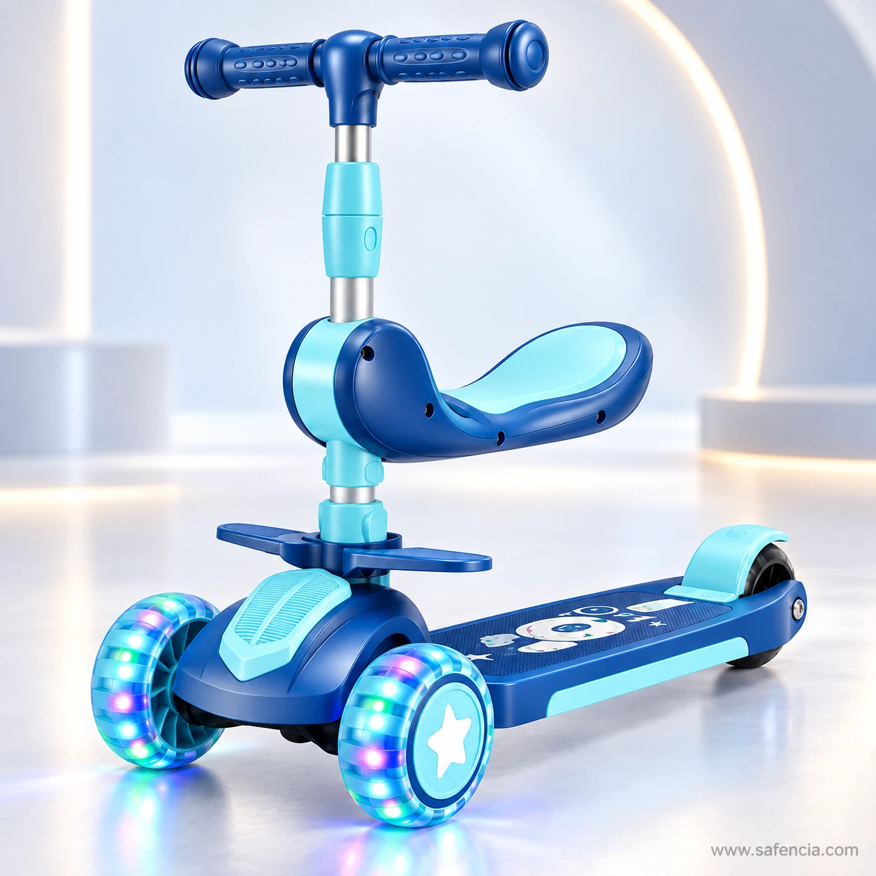 Blue kids scooty with seat and foot rests in soft light with its front wheels glowing