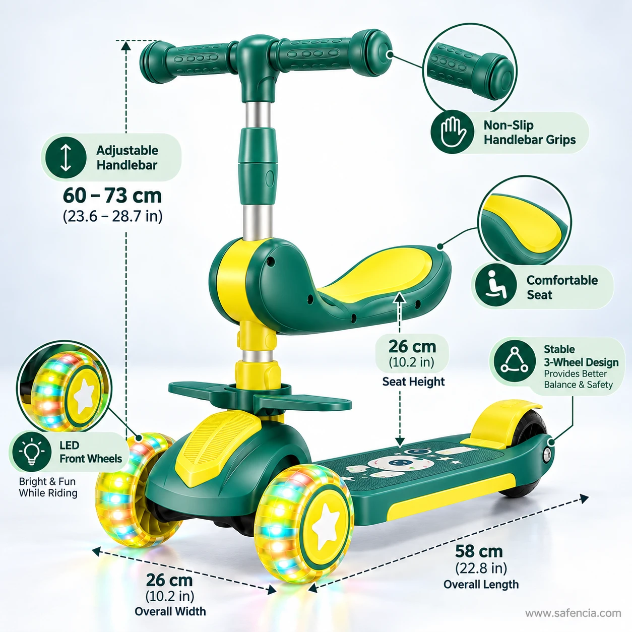 Feature panel of the green kids scooty with seat: adjustable handlebar, non-slip grips, comfortable seat