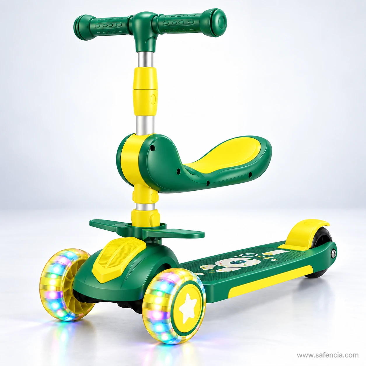 Green and yellow kids scooty with a yellow seat and foot rests below the stem
