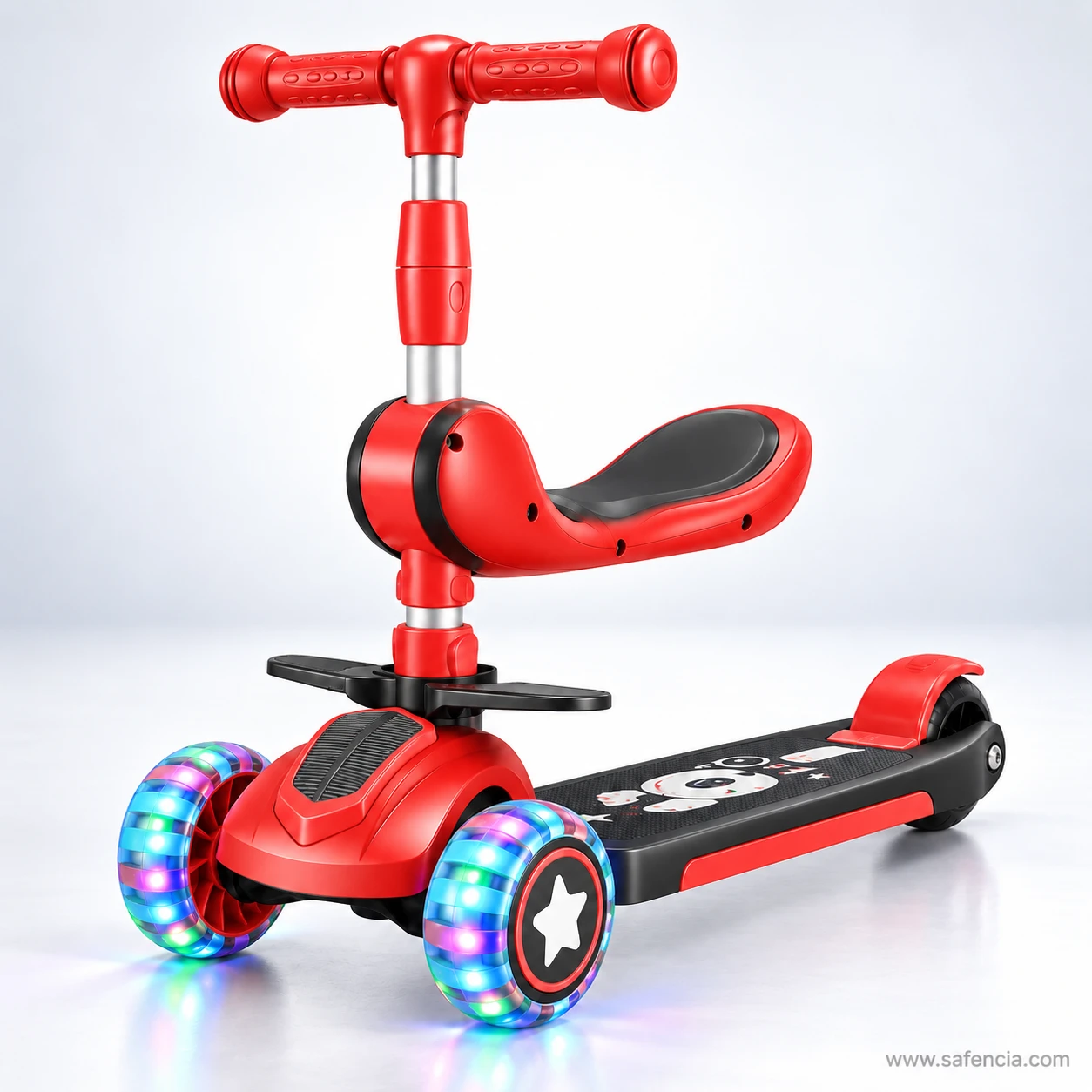 Red and black kids scooty with a red seat, foot rests and a black deck