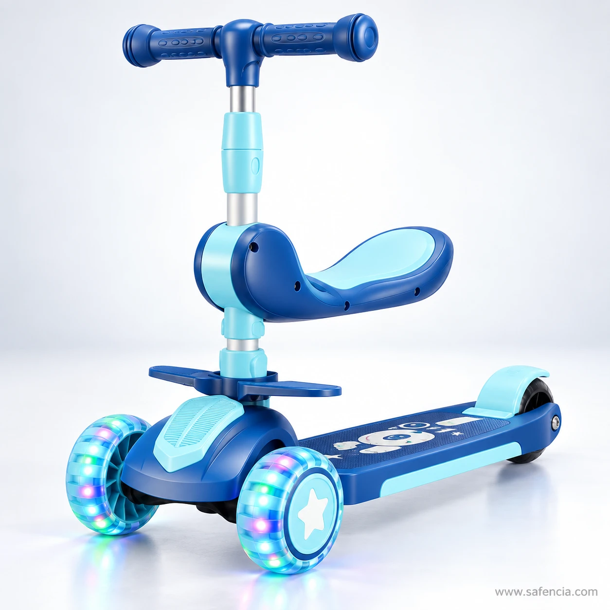 Side view of the blue kids scooty showing how the seat sits above the foot rests