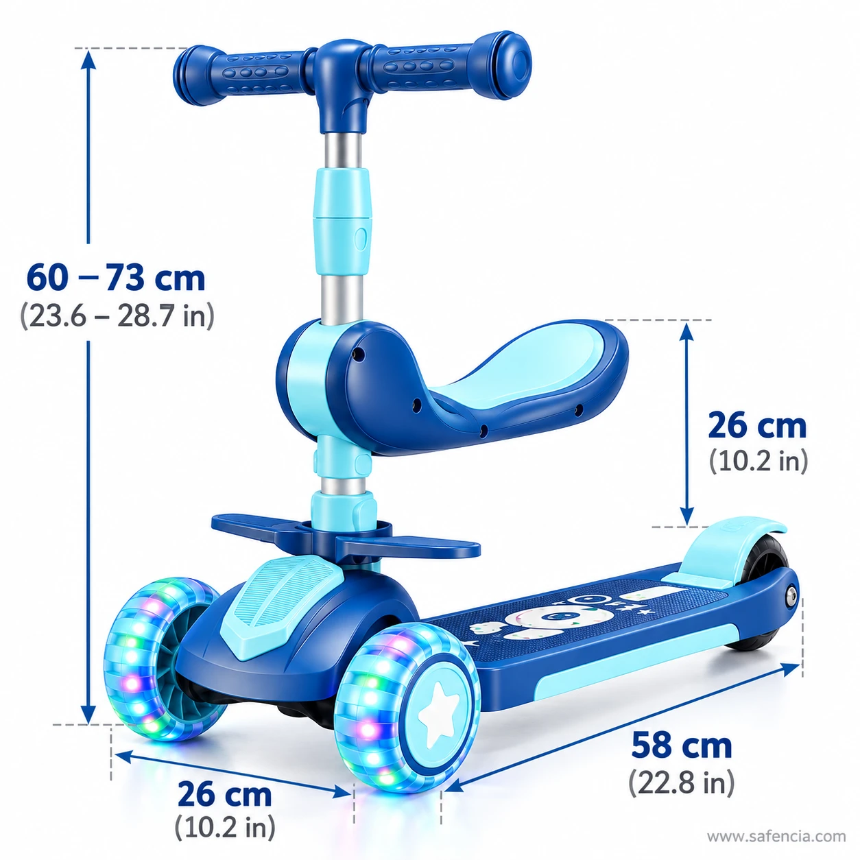 Size chart of the kids scooty with seat and footrests: 60-73 cm handle, 26 cm seat, 58 cm length