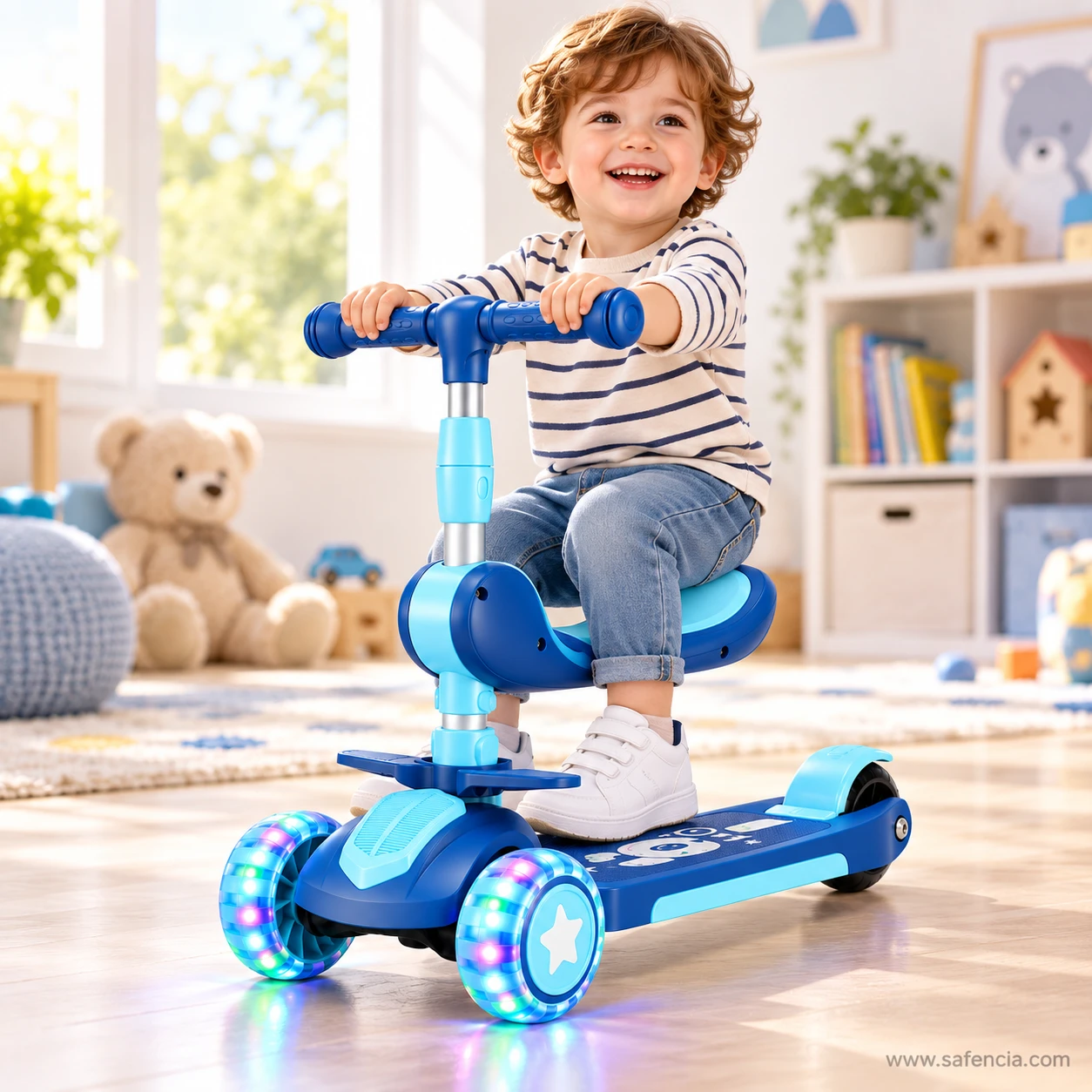Smiling toddler sitting on the seat of the blue kids scooty with feet near the foot rests