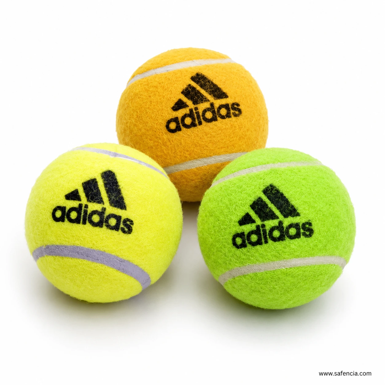 Kids tennis ball close up showing felt texture and white seam stripe detail