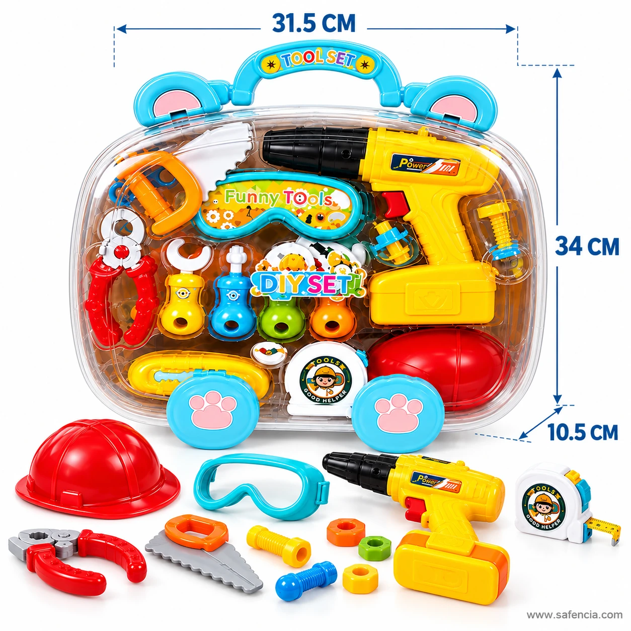 Kids tool box carry case measured at 31.5 cm wide, 34 cm tall and 10.5 cm deep, with the helmet, goggles and drill in front