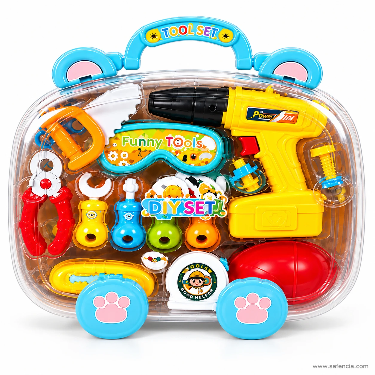 Front of the clear kids tool case with a blue TOOL SET handle, the drill, saw, pliers, goggles and hard hat in moulded spots