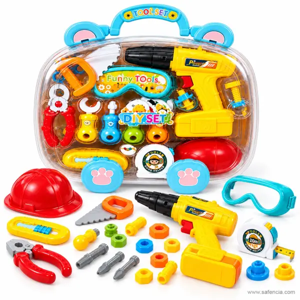 Kids Tool Box Carry Case 32 Pcs with Toy Drill, Helmet, Goggles and Tape Measure