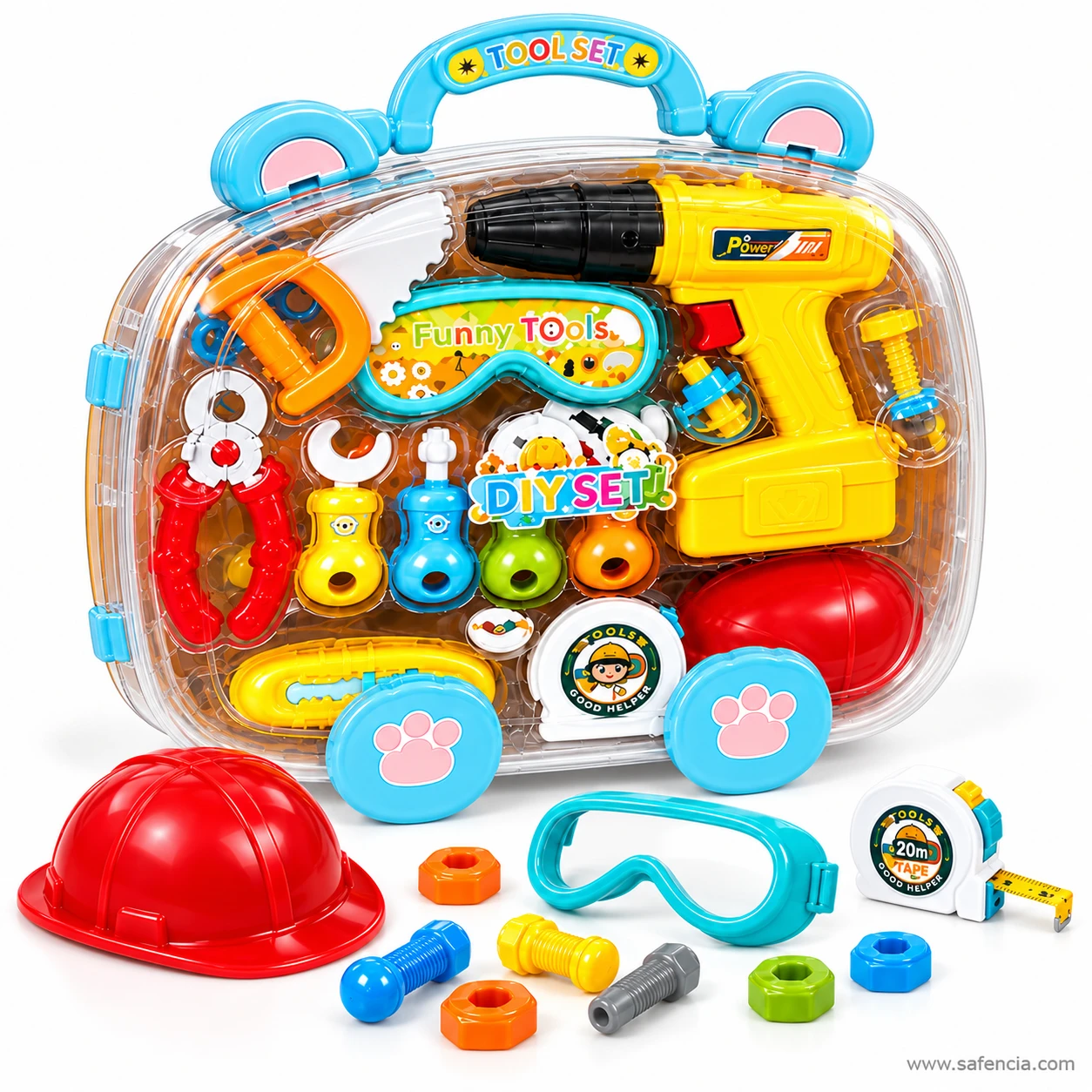 Red kids hard hat, teal goggles and Tools Good Helper tape measure in front of the bear-ear tool carry case, with nuts and bolts