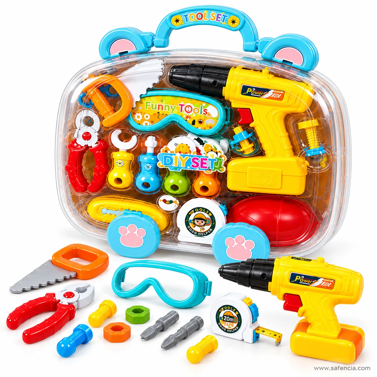 Toy saw, red pliers, teal goggles, yellow drill and tape measure from the kids tool case, with grey drill bits and coloured bolts
