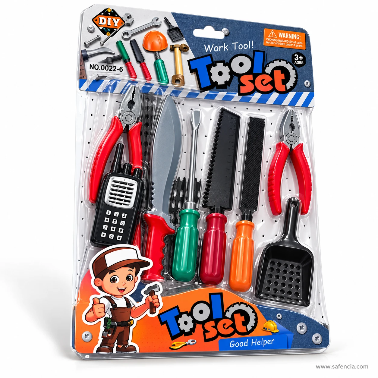 Work Tool! Tool Set card number 0022-6 with a cartoon builder, the pliers, knife, screwdriver and walkie-talkie in the clear pack