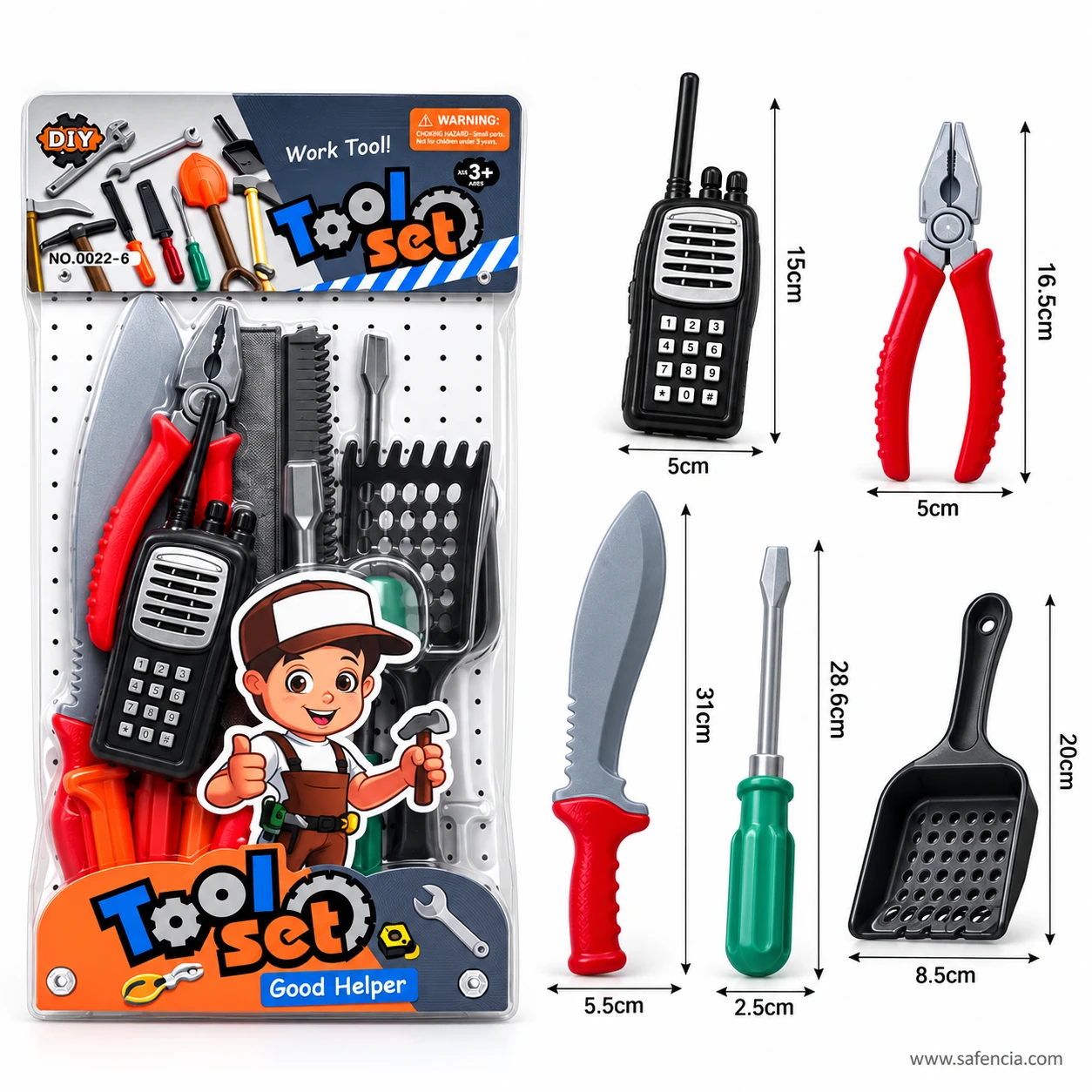 Size guide for the pliers tool set: walkie-talkie 15 cm, pliers 16.5 cm, toy knife 31 cm and scoop 20 cm beside the card