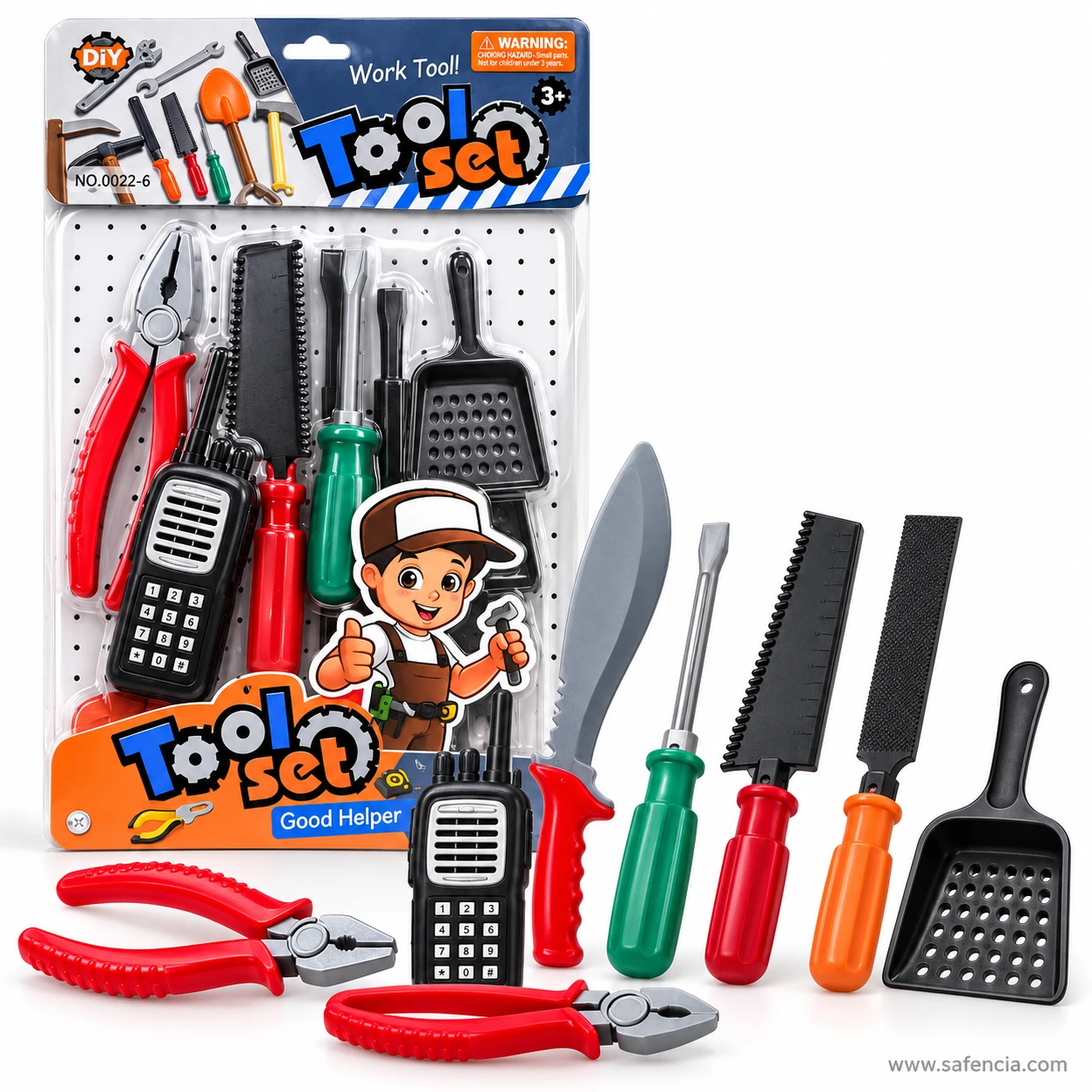 Two red toy pliers in front of the Tool Set card with the walkie-talkie, grey knife, screwdriver, saw, file and black scoop