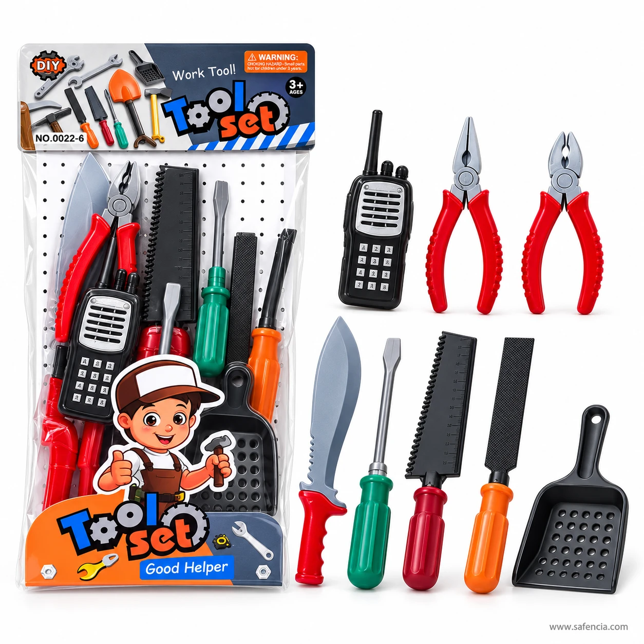 Walkie-talkie and two pliers above a row of toy knife, screwdriver, saw, file and scoop next to the Good Helper card
