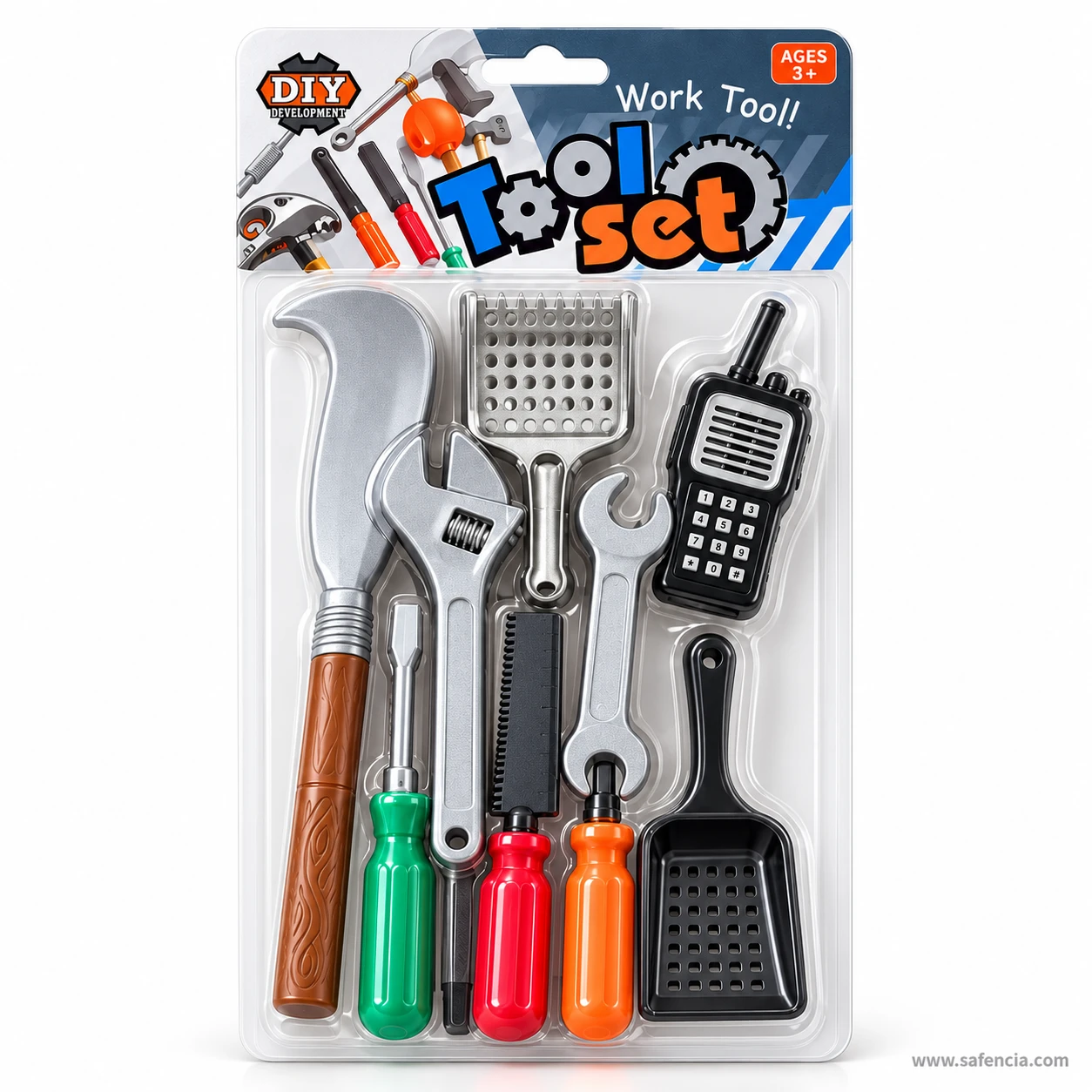 Front of the Work Tool! Tool Set header card marked Ages 3+, the machete, wrench, screwdriver and walkie-talkie in the clear pack