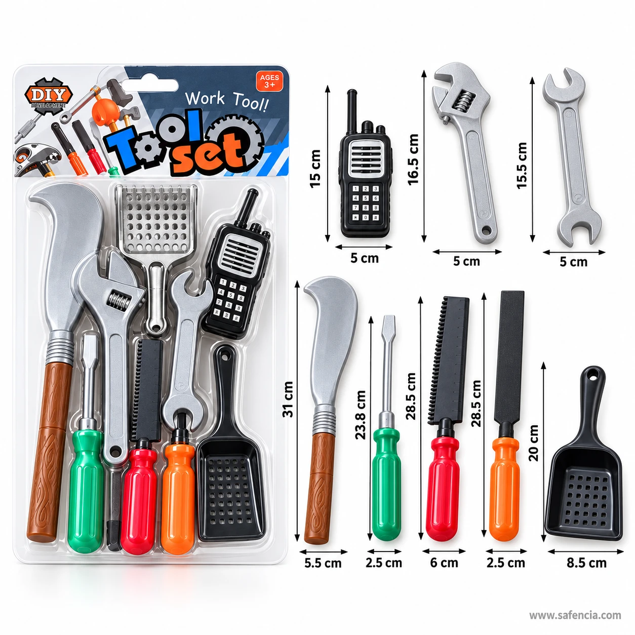 Size guide for the kids tool set: machete 31 cm, saw and file 28.5 cm, screwdriver 23.8 cm, scoop 20 cm, wrench 16.5 cm
