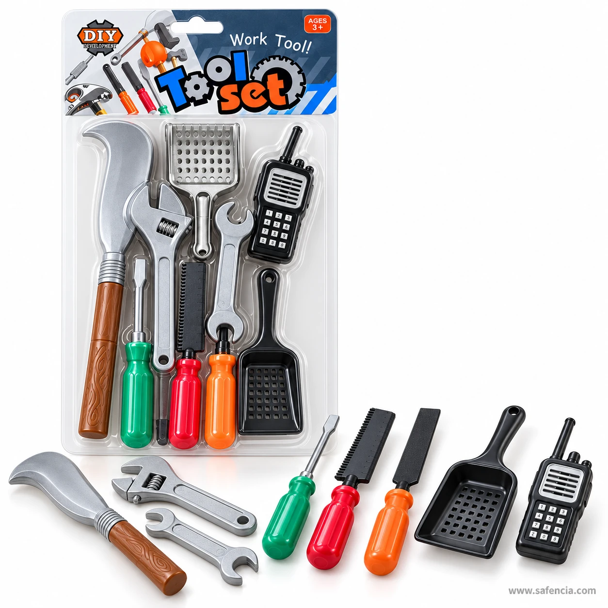 Eight plastic toy tools in a row in front of the card: machete, adjustable wrench, spanner, screwdriver, saw, file, scoop and walkie-talkie