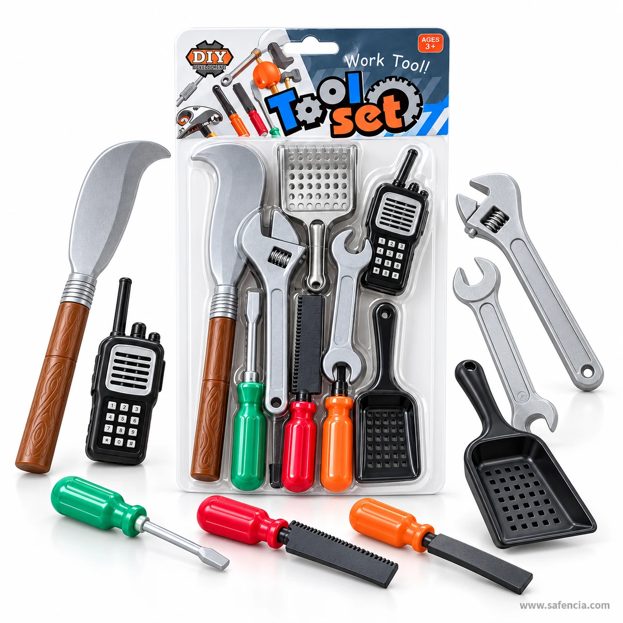Toy machete, walkie-talkie, adjustable wrench, spanner and scoop around the Tool Set card, with the saw, file and screwdriver in front