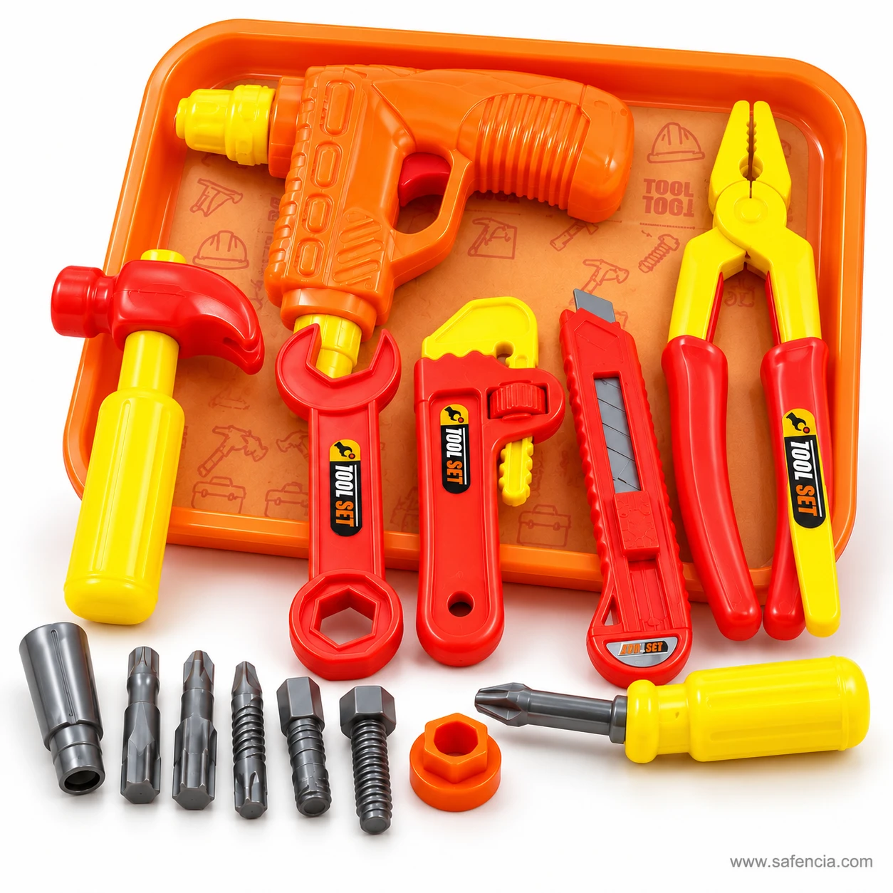 Angled view of the toy tool set with the hammer, spanner and adjustable wrench standing up on the orange tray