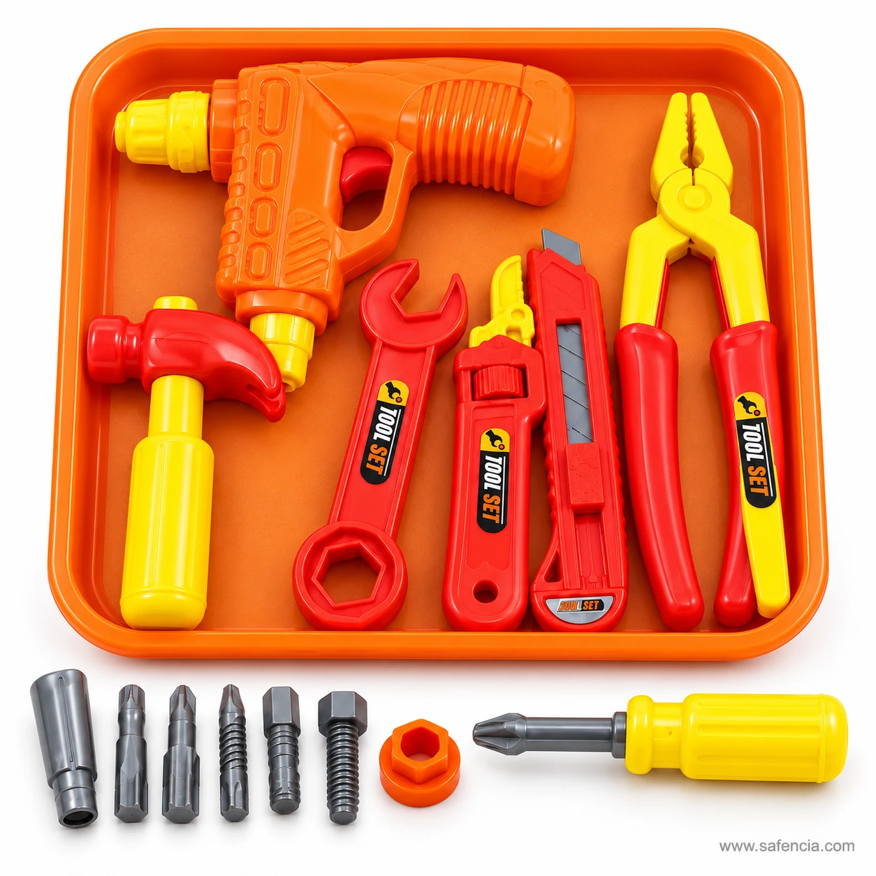 Kids tool set seen from above with the tools packed in the orange tray and the bits, nut and screwdriver below