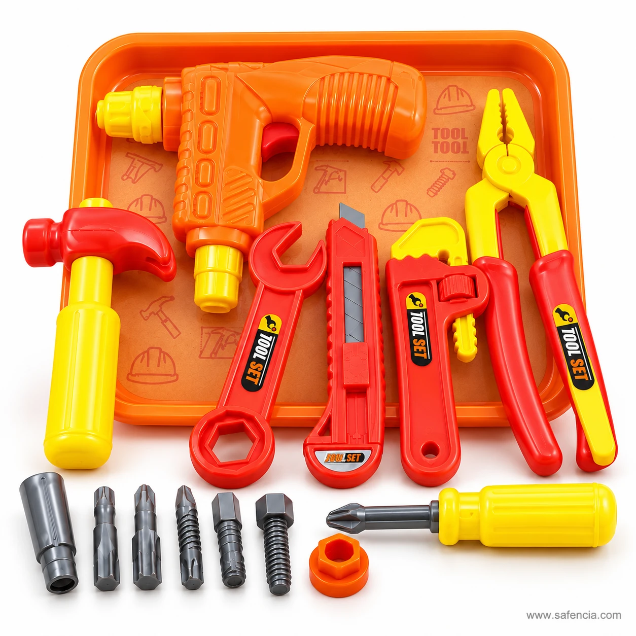 Kids tool set on the orange tray: drill, hammer, wrenches, cutter and pliers with the grey bits and nut in a row