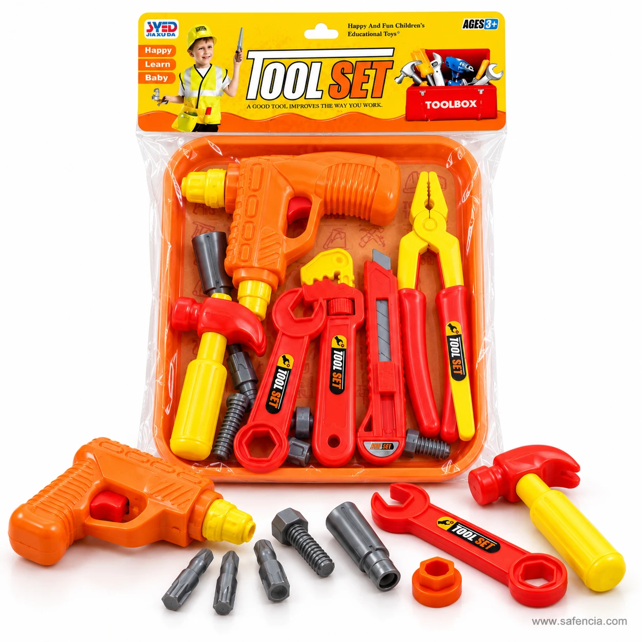 Kids tool set in its clear pack with a yellow TOOL SET header marked ages 3+, loose drill, bits, spanner and hammer