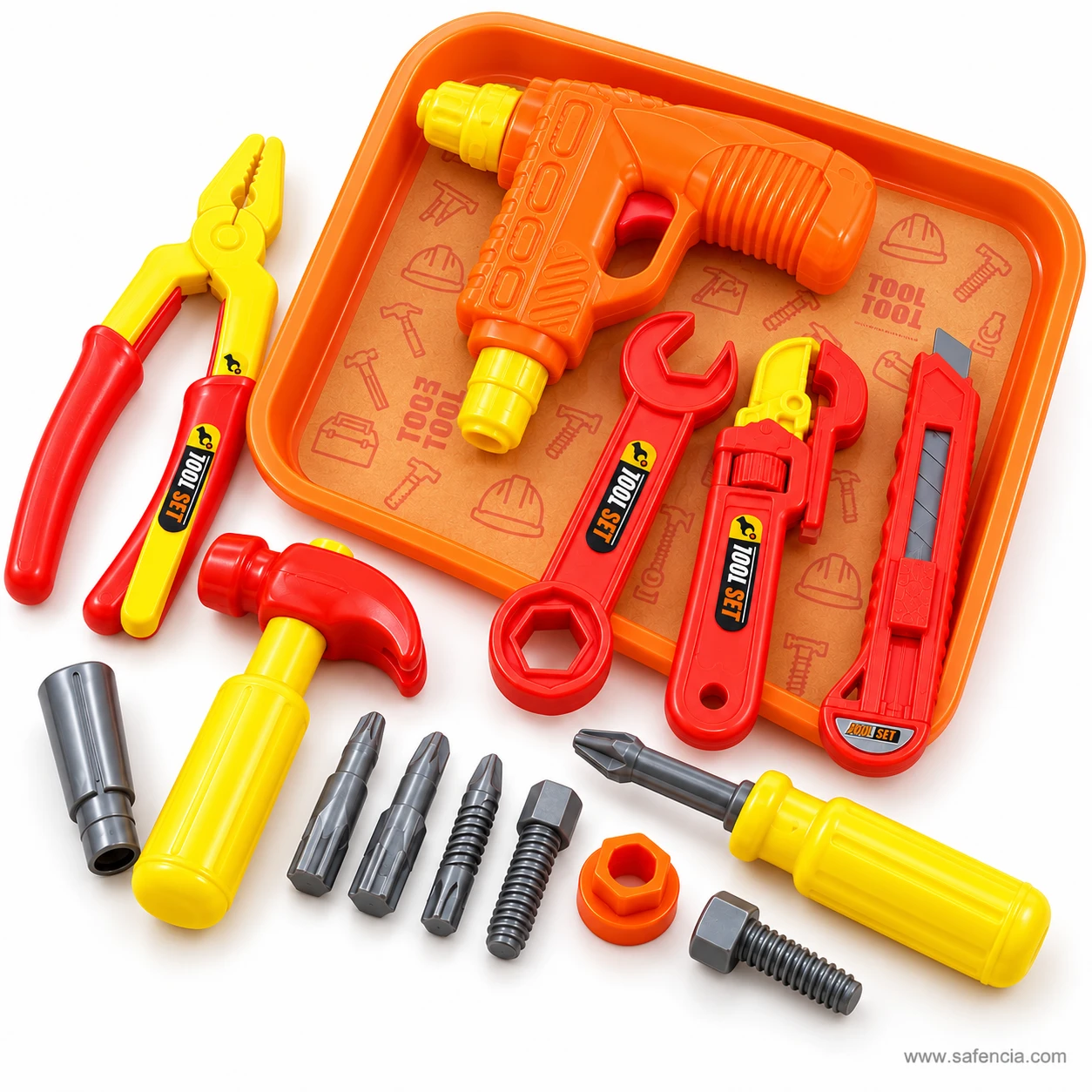 Red and yellow pliers and a hammer from the kids tool set beside the tray, with grey bolts and a screwdriver