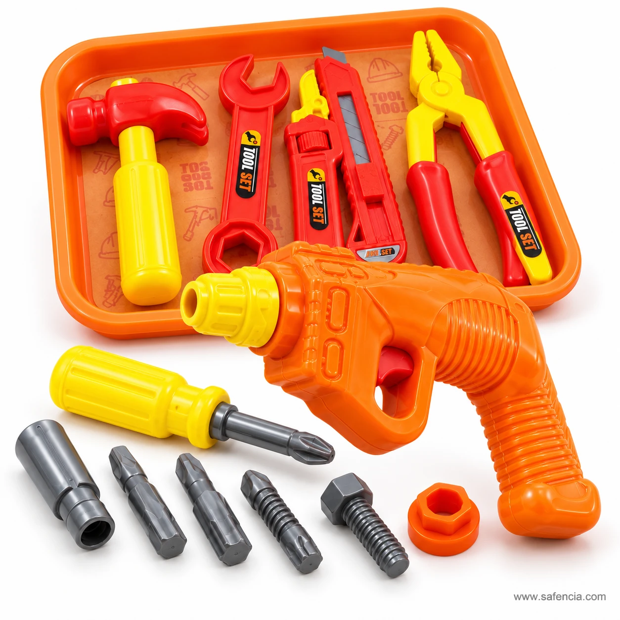 Orange toy drill from the kids tool set in front of the tray, with the yellow screwdriver and grey bits beside it