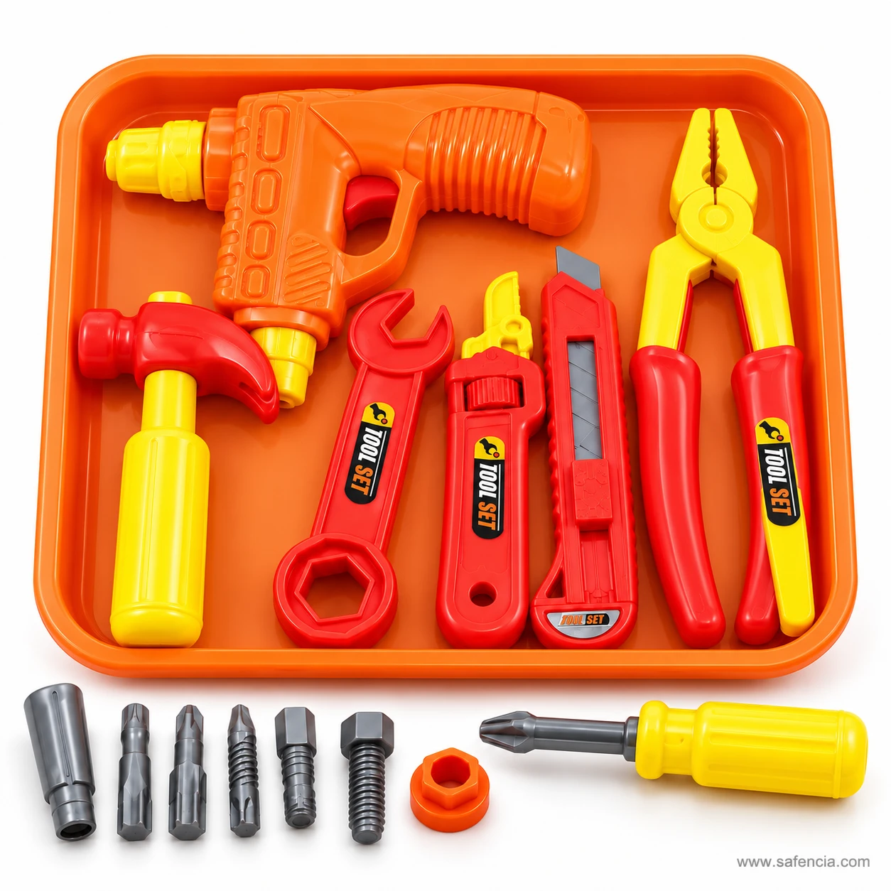Straight-on view of the kids tool set tray holding the orange drill, red hammer, red wrenches, cutter and pliers