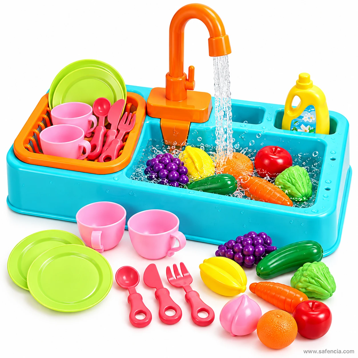Side angle of the electric kitchen sink toy with plates, pink cups, cutlery and play vegetables