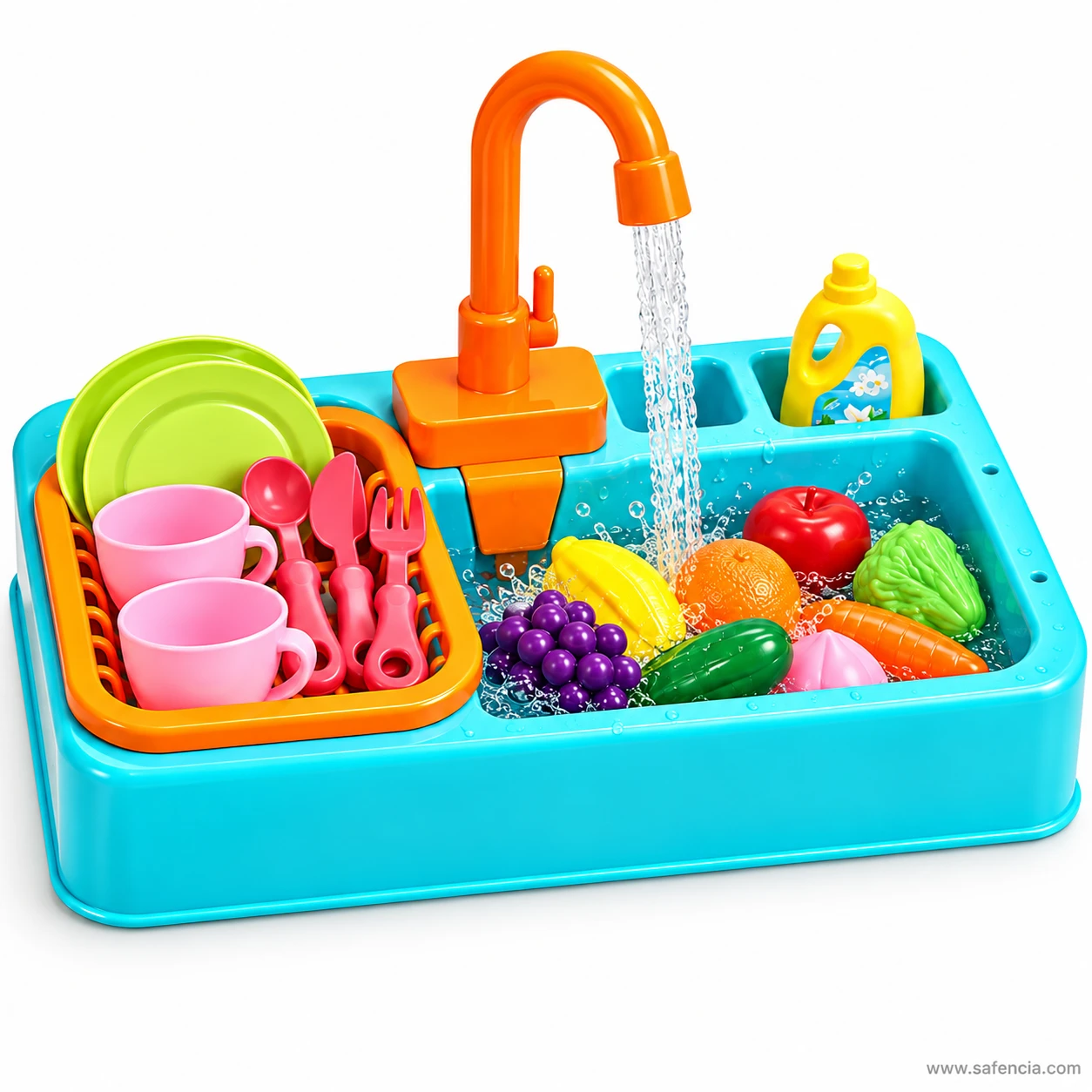 Kids play sink with water flowing, cups and cutlery in the orange basket, fruit in the basin