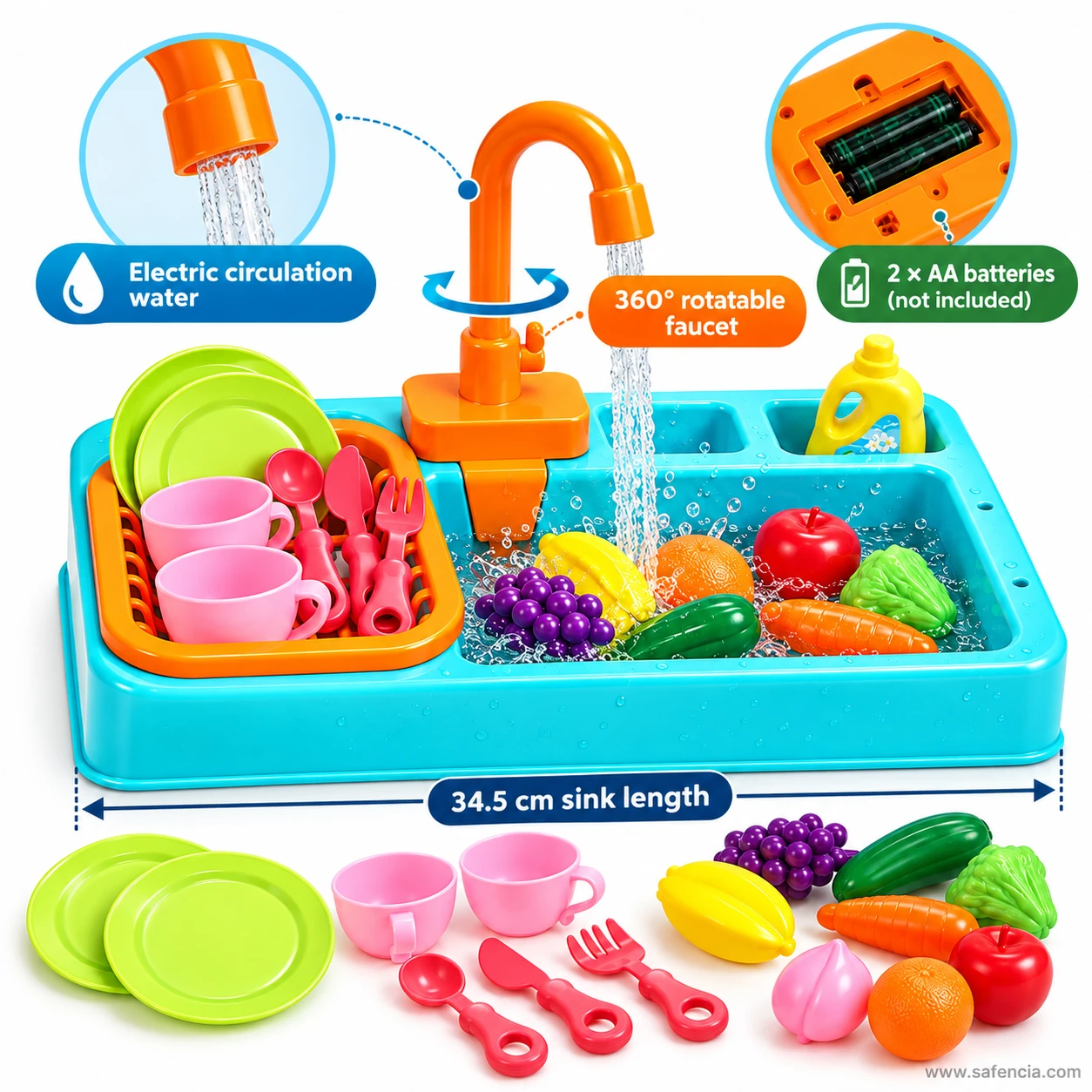 Kitchen sink toy features: electric circulating water, 360-degree tap, 2 AA batteries not included