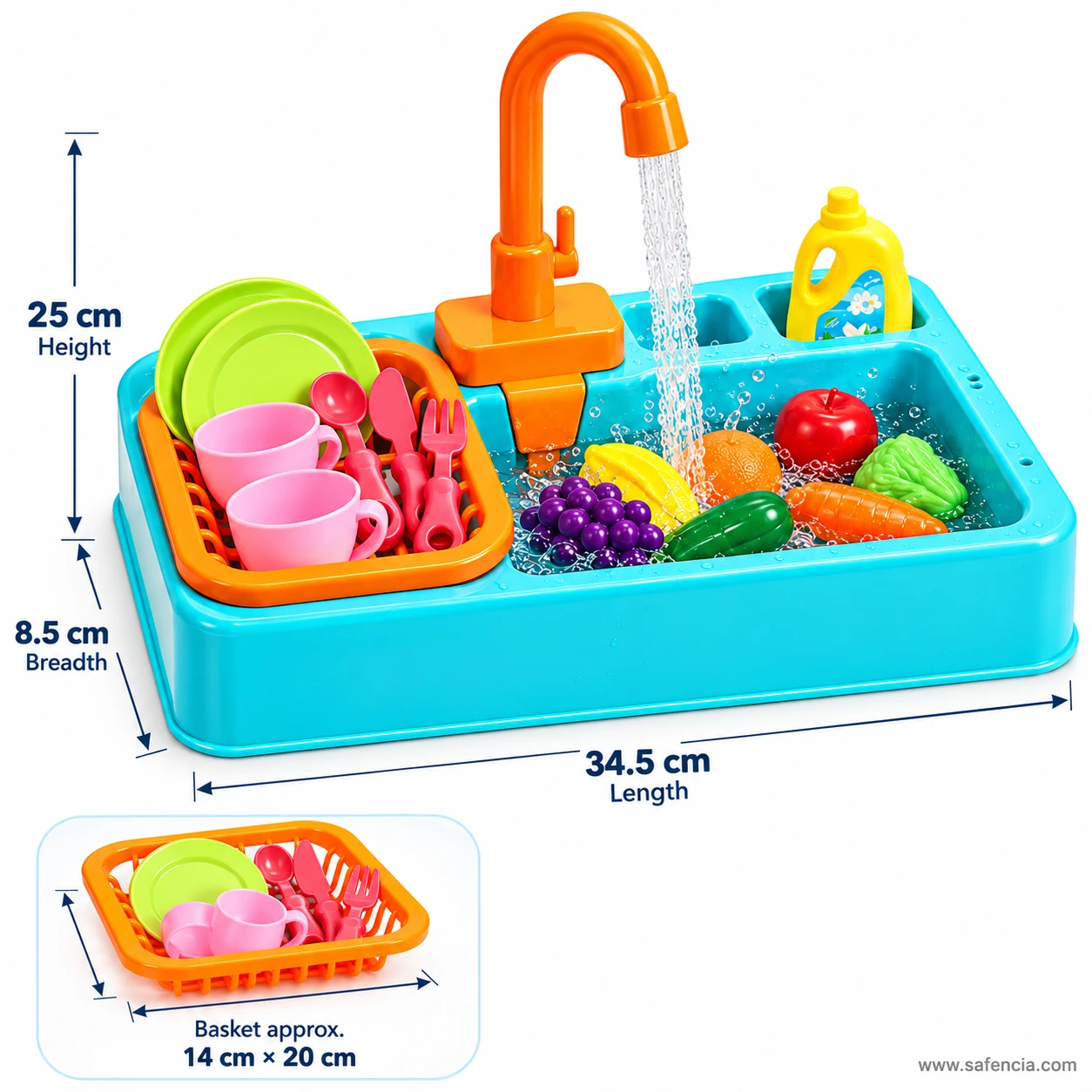 Kitchen sink toy size guide, about 34.5 cm long and 25 cm high, with a 14 x 20 cm dish basket