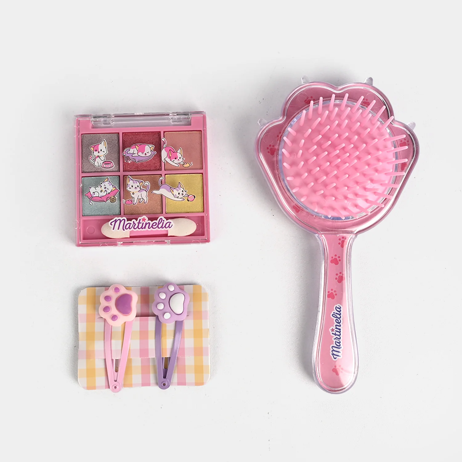 Kitty Paw Hairbrush & Makeup Set open view - bead hairbrush, eyeshadow palette and paw hair clips
