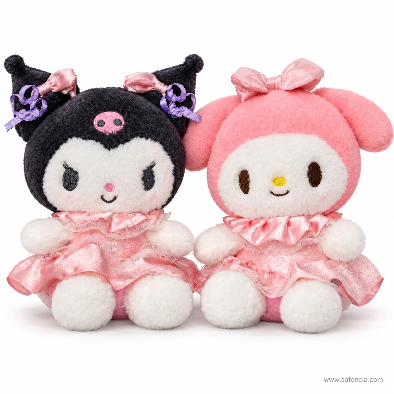 Kuromi and My Melody 30 cm plush dolls as a matching pair, both in pink ruffled satin dresses