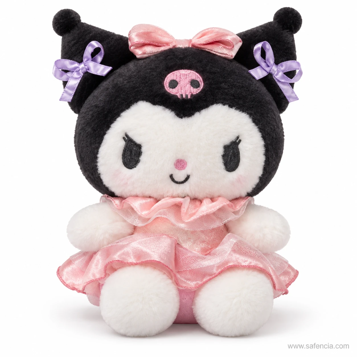 Kuromi plush 30 cm with black hood, lilac ear ribbons, pink skull mark and pink satin dress