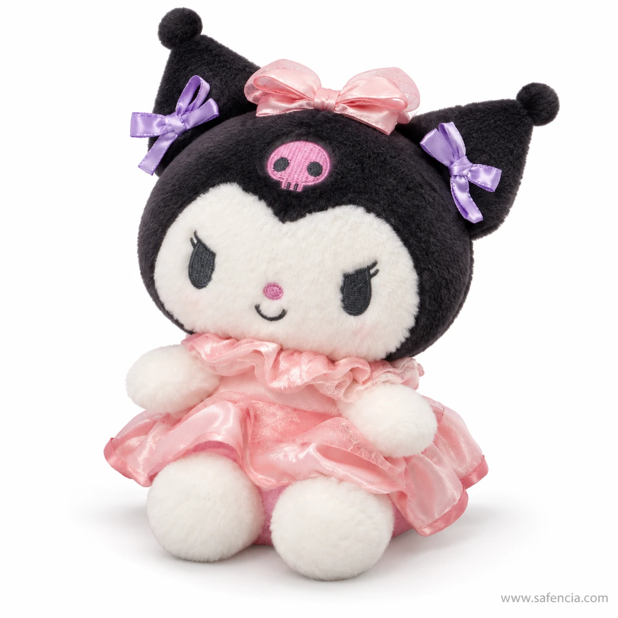 Kuromi plush seen at an angle, showing the pointed black ears and the lilac ribbon bows