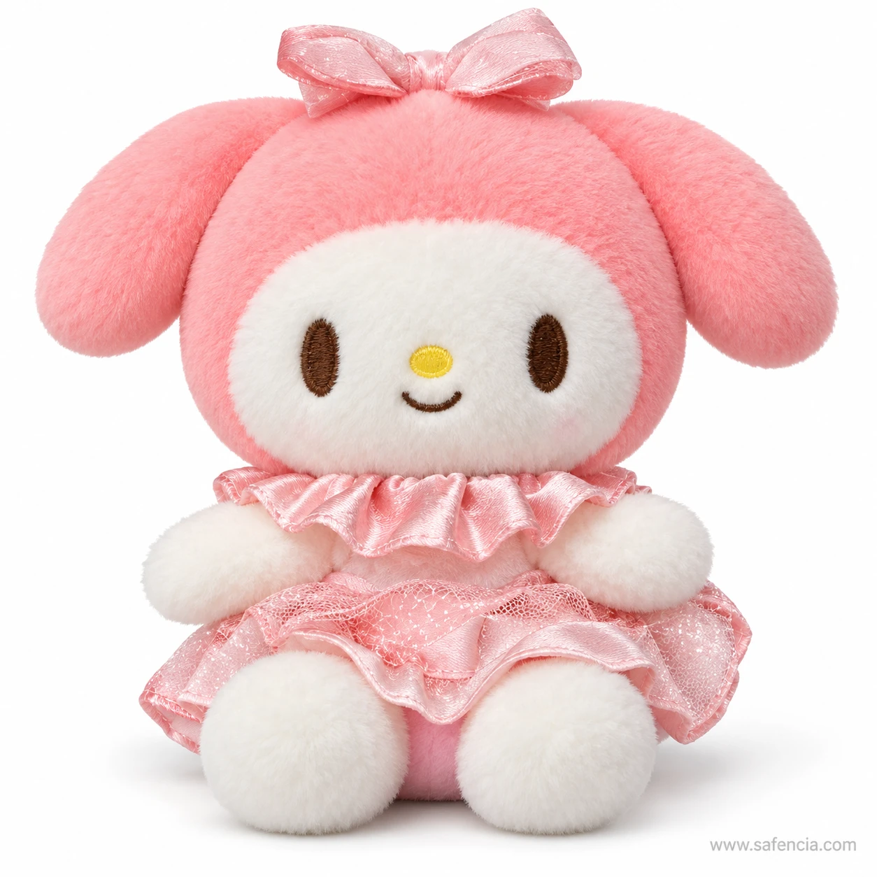 My Melody plush 30 cm with pink hood, long ears, pink bow, yellow nose and pink satin dress