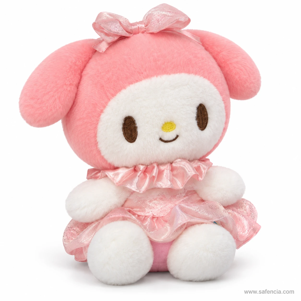 My Melody plush at an angle, showing the long pink hood ears and the ruffled satin collar