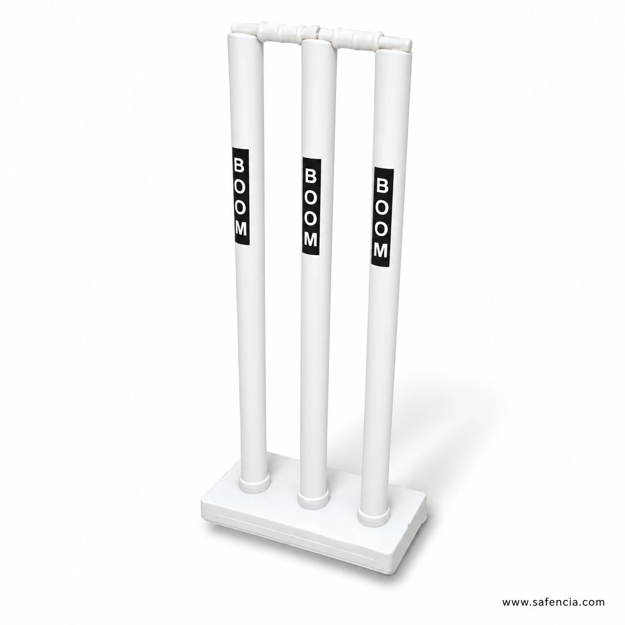 Boom large plastic wicket set angled view showing stump spacing and white base