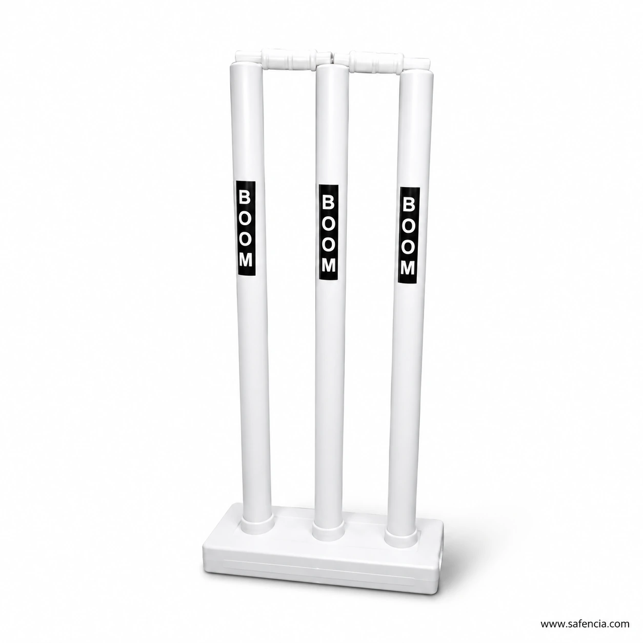 Boom large plastic cricket wickets side view showing bails seated on stumps