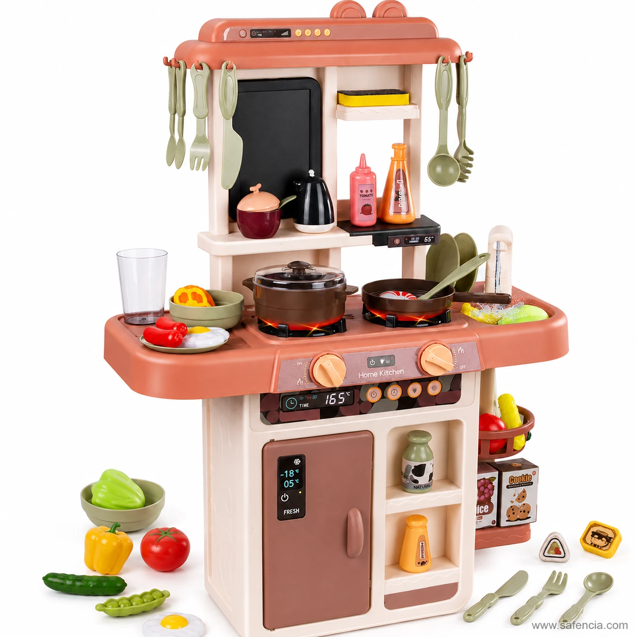 Large Home Kitchen play set showing the extractor hood, control knobs, temperature readout and fridge panel