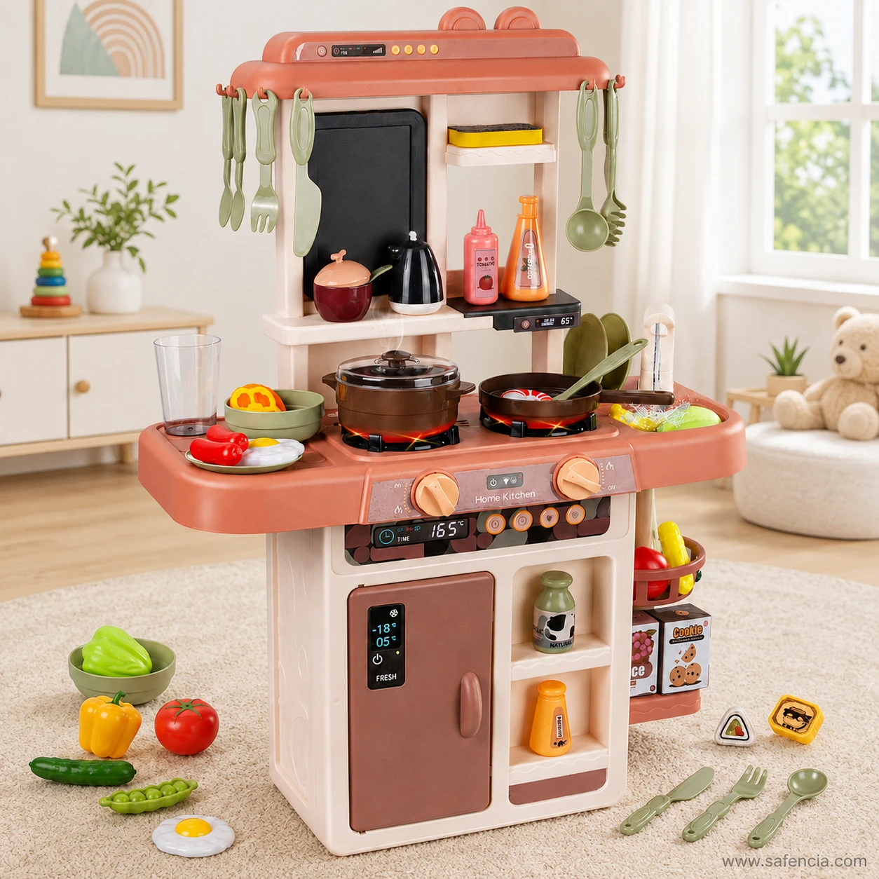 Large Home Kitchen play set standing on a rug in a bright playroom showing its full floor-standing height