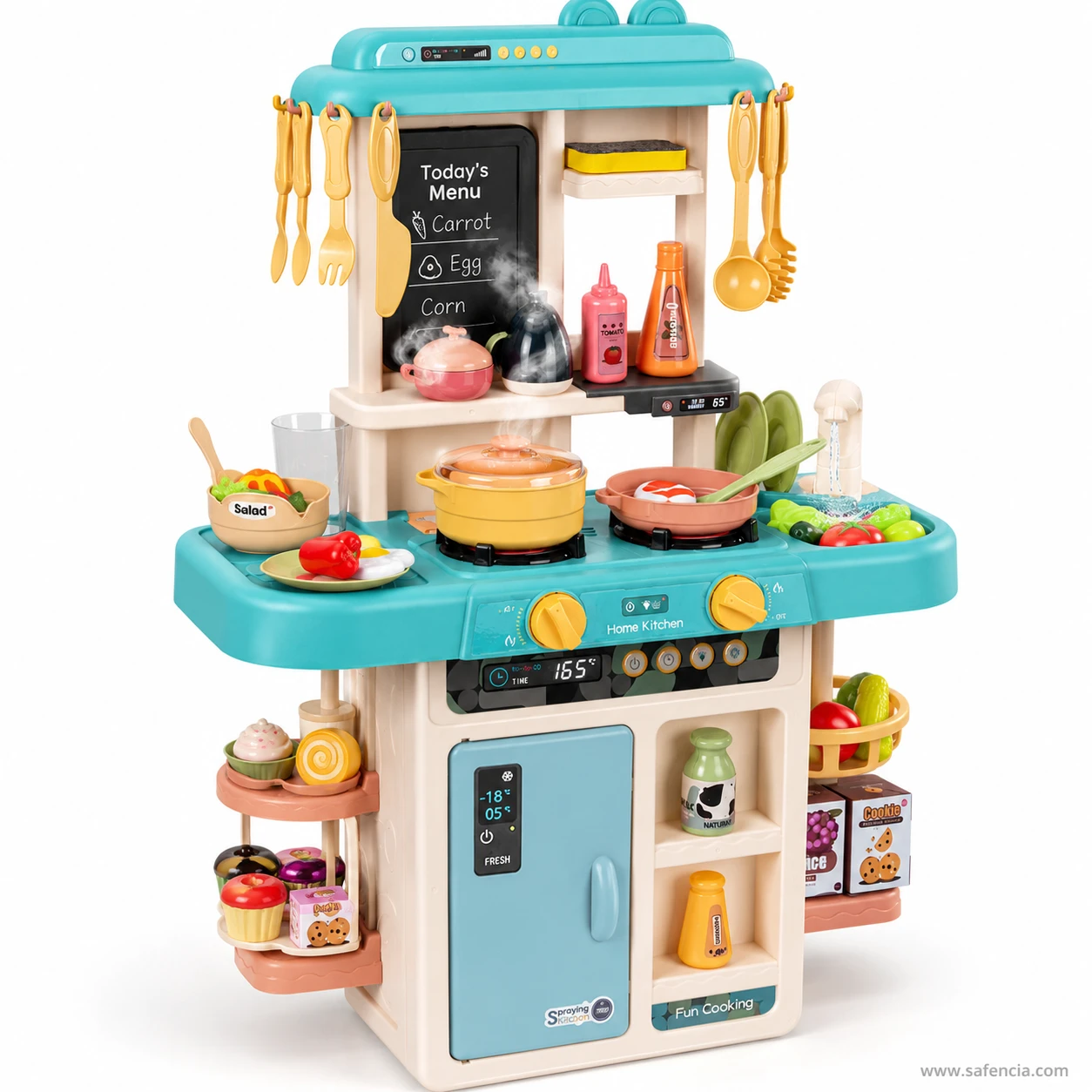 Teal version of the large Home Kitchen play set with a printed menu chalkboard and yellow hanging utensils