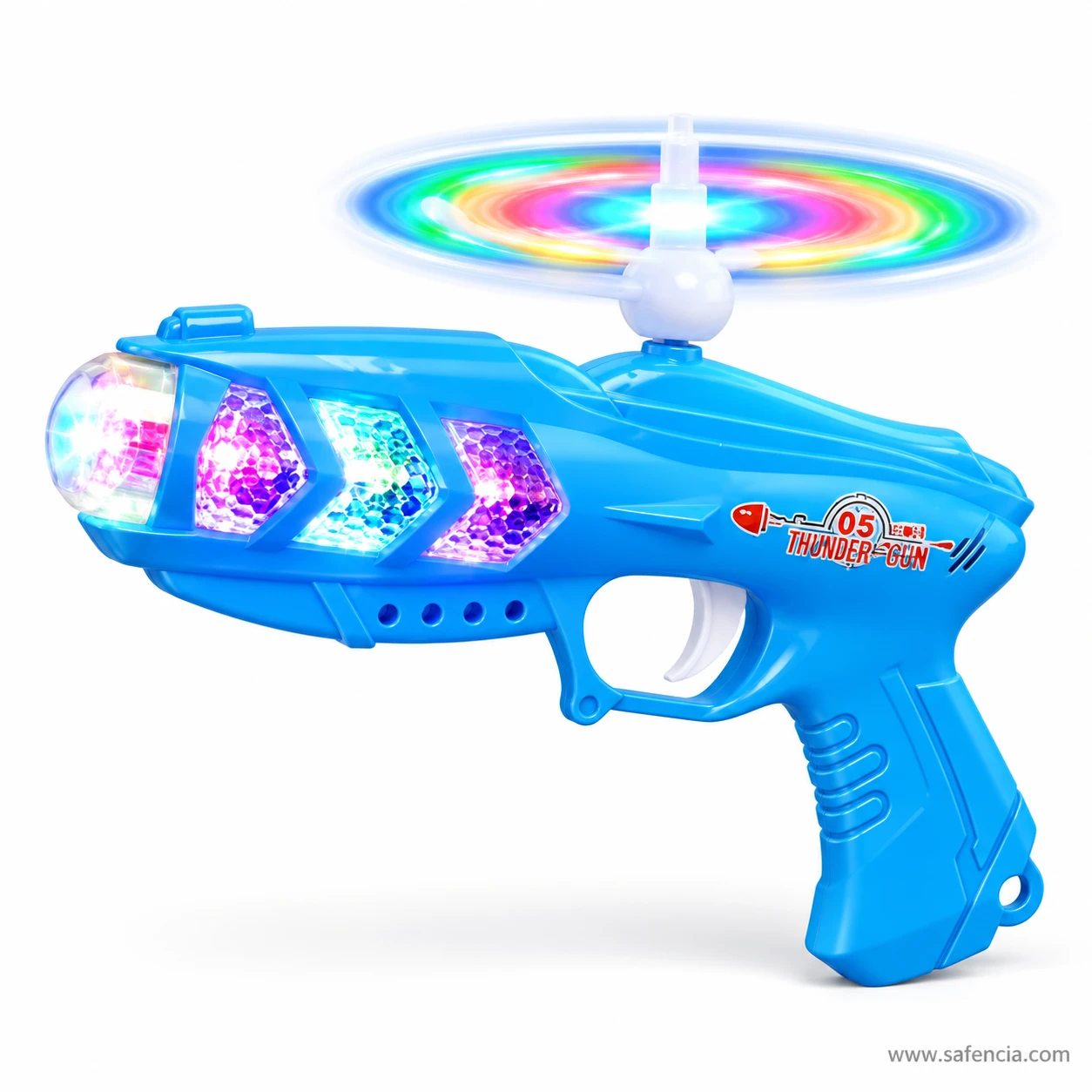 Blue LED flash gun toy with glowing barrel panels and spinning light propeller
