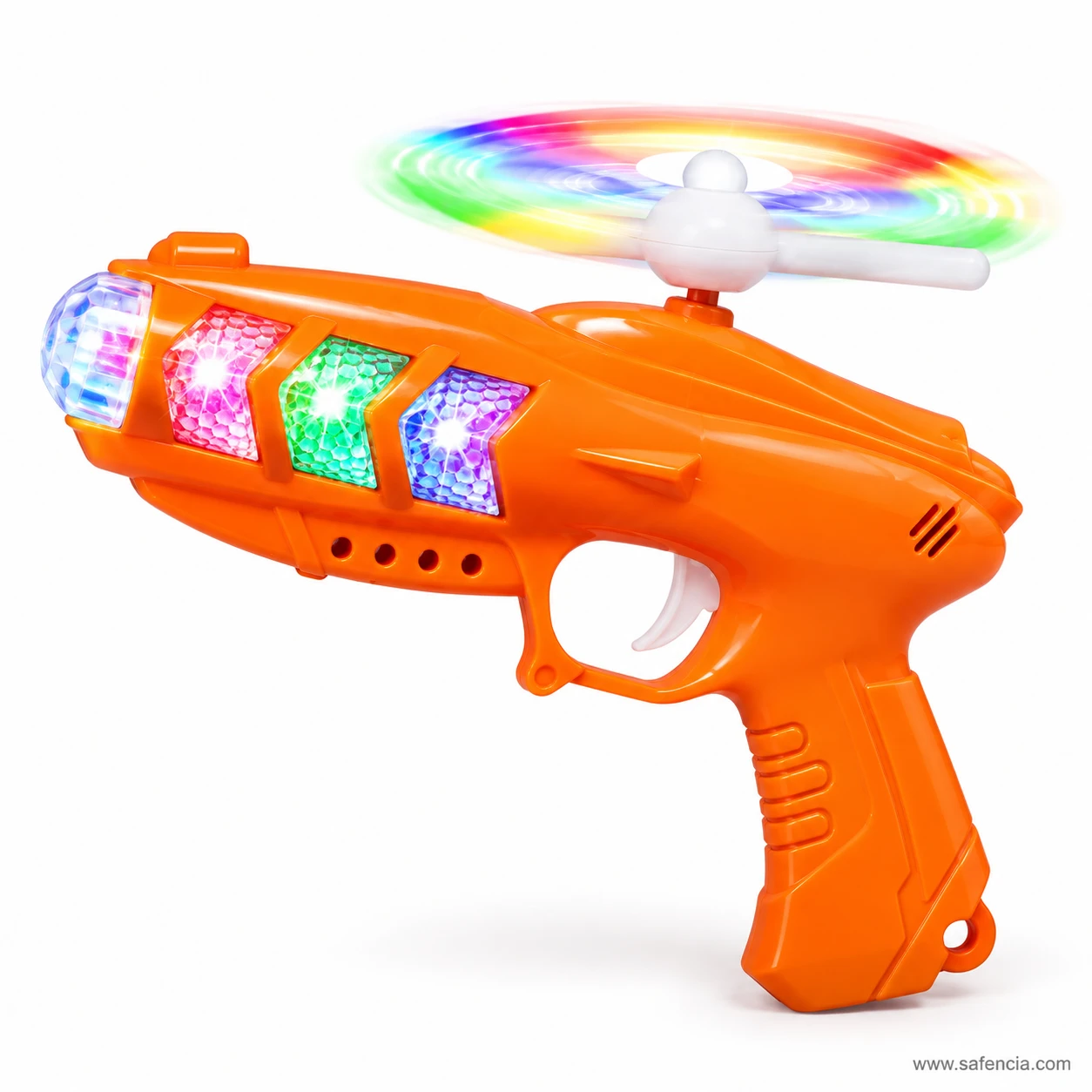 Orange LED flash gun toy with pink, green and blue lights and rainbow propeller ring