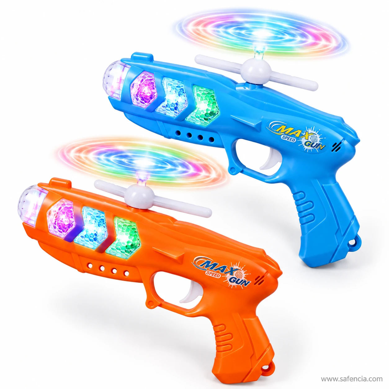Pair of LED flash gun toys in blue and orange with propellers spinning and lights on