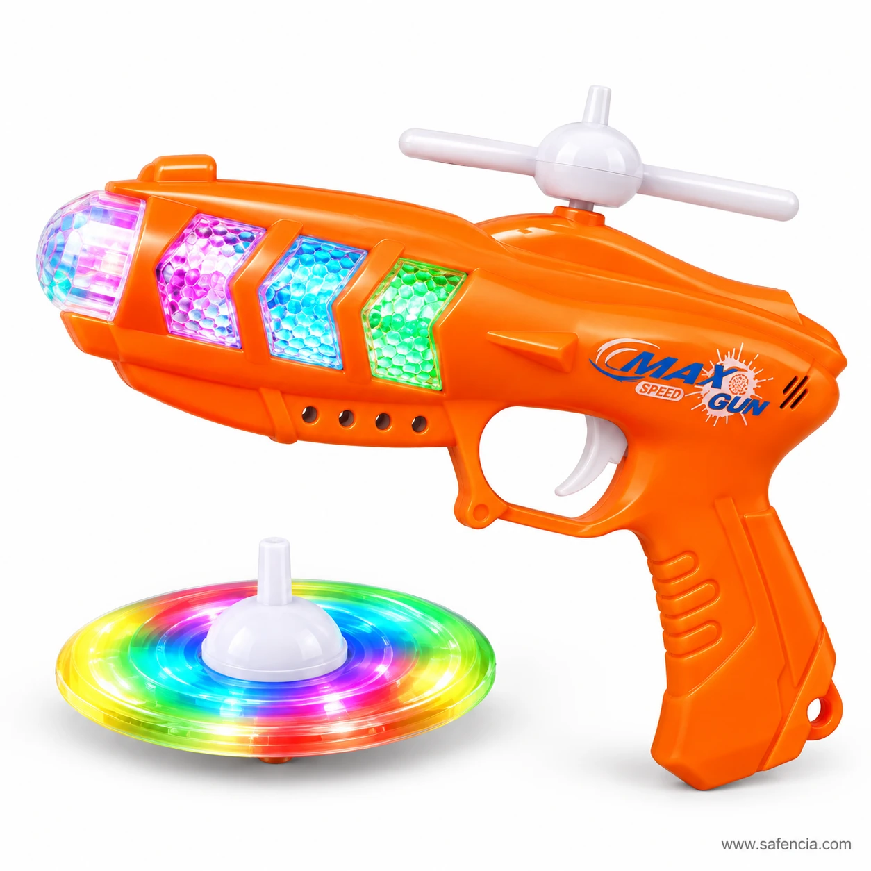 Orange LED flash gun toy with its white propeller and a close view of the light-up spinner