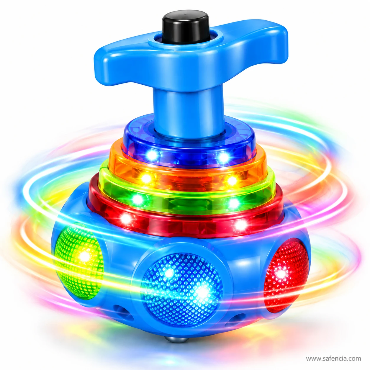 Blue LED lattu spinning fast with swirling rainbow light trails circling around it on a white background
