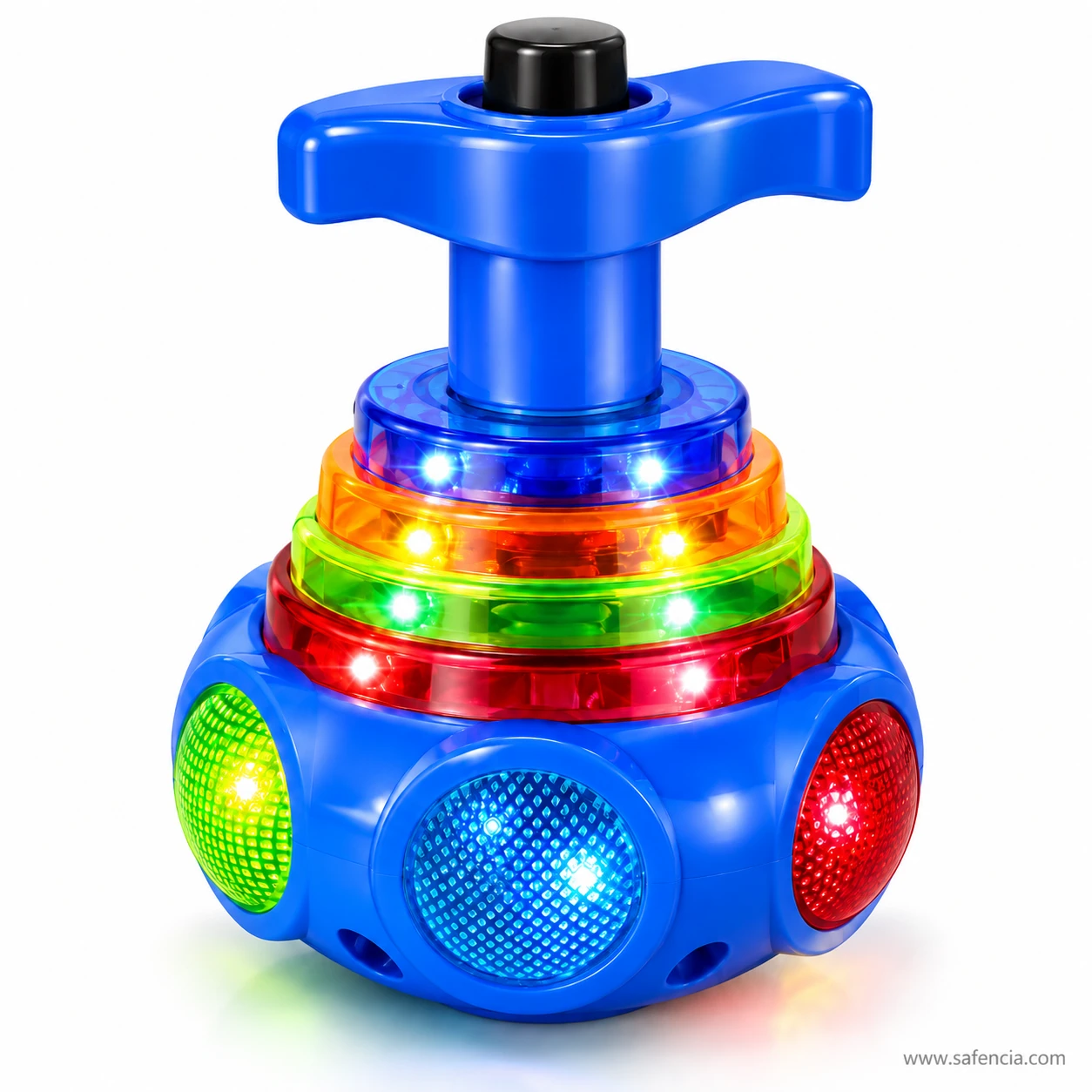 Blue LED spinning top lattu with a blue T-handle and base, black button on top and rainbow LED rings lit up